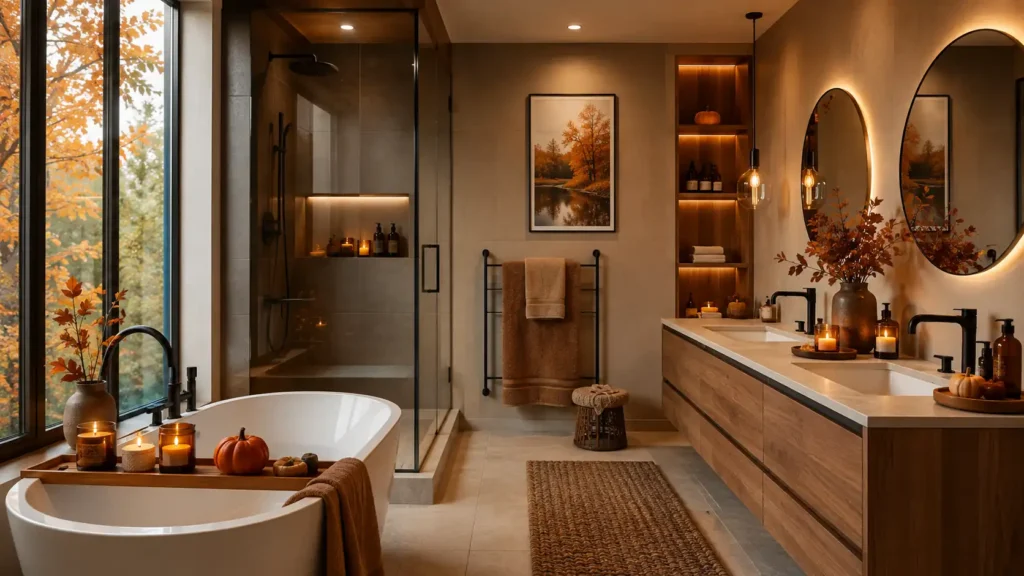 Luxury modern fall bathroom with double vanity, back-lit round mirrors, glass walk-in shower, soaking tub by a large autumn view window, and jute runner.
