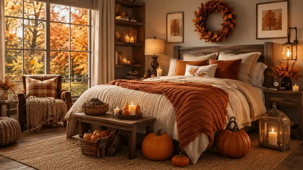 Rustic fall bedroom with a dark wood bed frame, leaf wreath, rustic wooden bench, large floor pumpkins, and a jute rug.