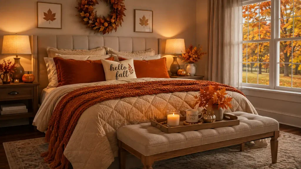 Warm bedroom setting featuring a tufted upholstered headboard, rust velvet throw pillows, "Hello Fall" accent pillow, and an upholstered end bench.