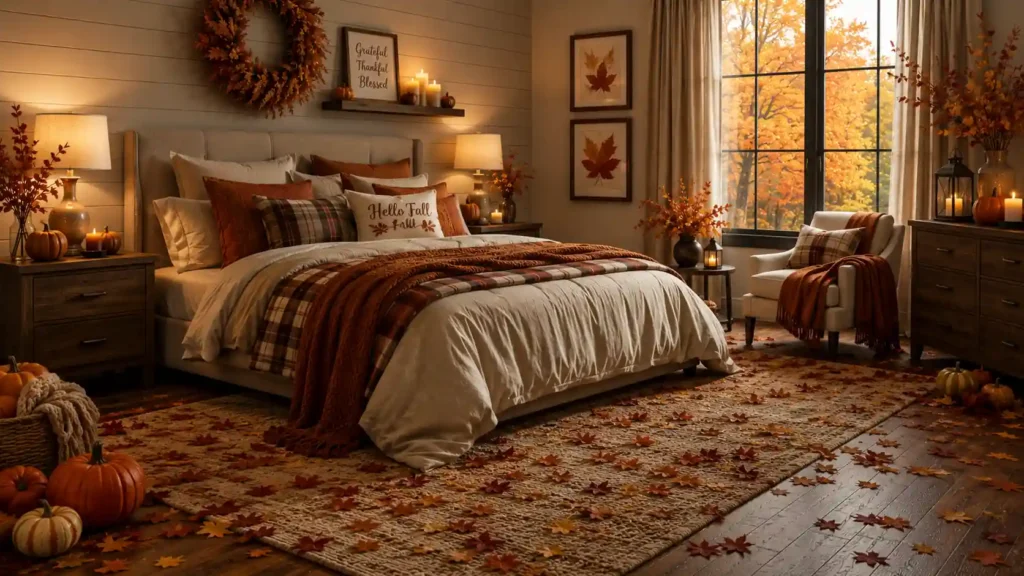 Farmhouse style autumn bedroom with white shiplap walls, plaid bedding layer, "Grateful Thankful Blessed" sign, and scattered leaves on a woven rug.