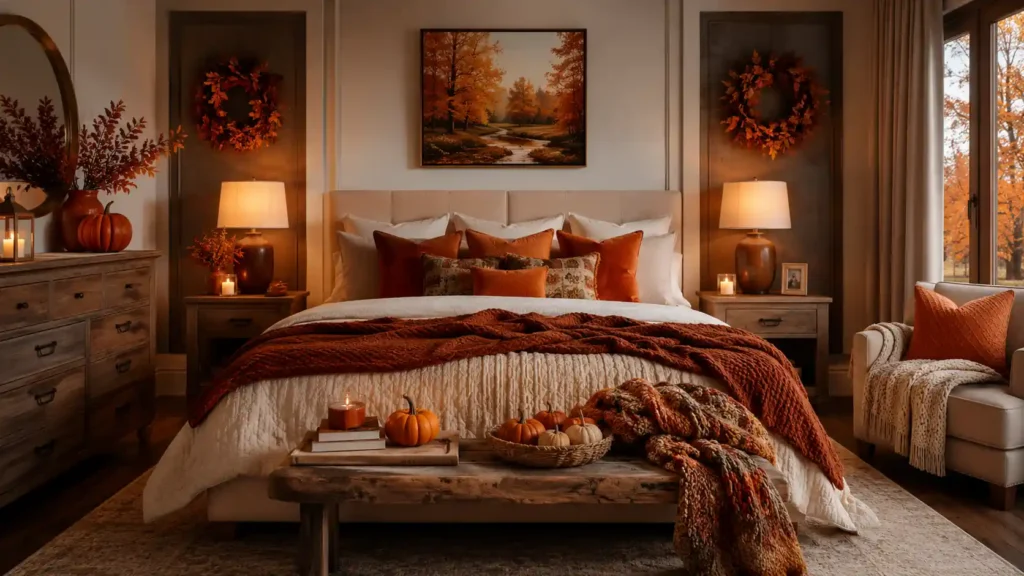 Luxurious fall bedroom featuring symmetrical recessed wall panels with autumn wreaths, terracotta throw pillows, and a rustic wooden end bench.