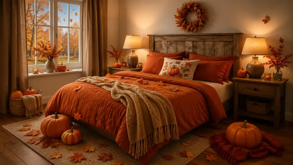 Cozy fall bedroom with a vibrant terracotta duvet, pumpkin print pillow, rustic wood headboard, and floor pumpkin arrangement.