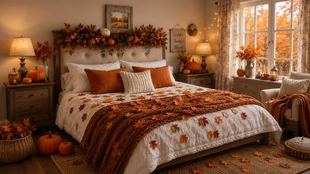 Warm fall bedroom featuring a dense autumn garland along the headboard, white quilted bedding, scattered maple leaves, and a basket of foliage.