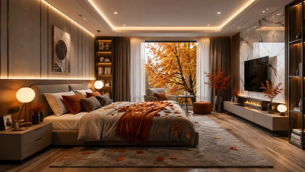 Luxury modern bedroom featuring ambient LED strip lighting, marble TV wall with a built-in electric fireplace, and scattered fall leaves on the bed and carpet.
