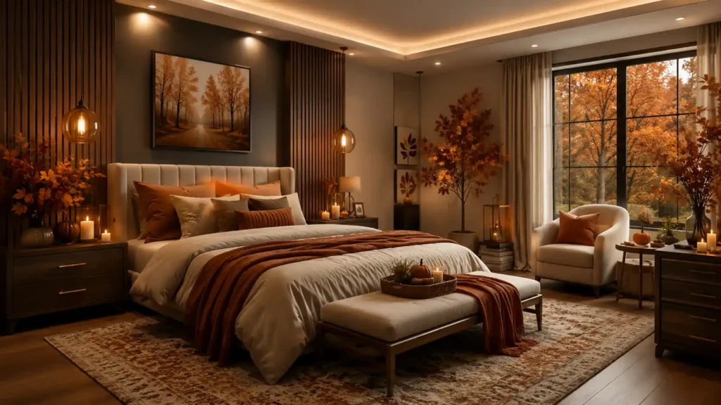 Moody autumn bedroom design with vertical dark wood slatting, hanging glass globe lights, burnt orange bedding layers, and potted autumn trees.