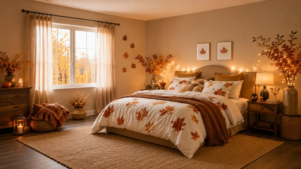 Bright autumn bedroom with maple leaf printed duvet set, string lights over a curved headboard, wall leaf decals, and a large jute rug.