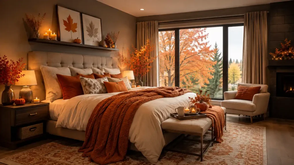Cozy fall bedroom featuring a dark shelf above the headboard with framed leaf art, glowing fireplace hearth, and a large view window.