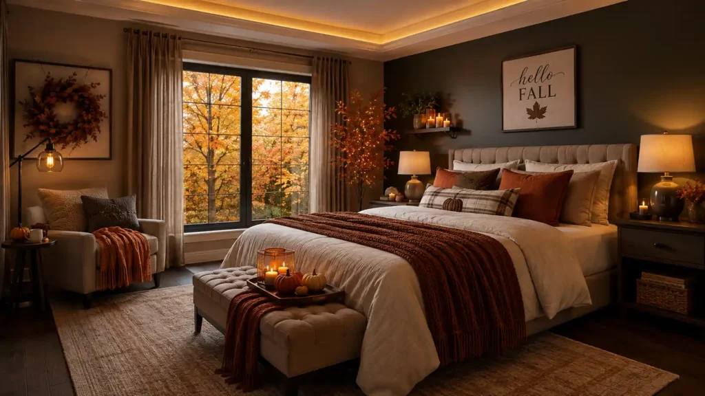 Modern dark bedroom featuring a charcoal wall with "Hello Fall" wall art, plaid accent pillows, warm tray display on a tufted bench, and a lighted foliage tree.