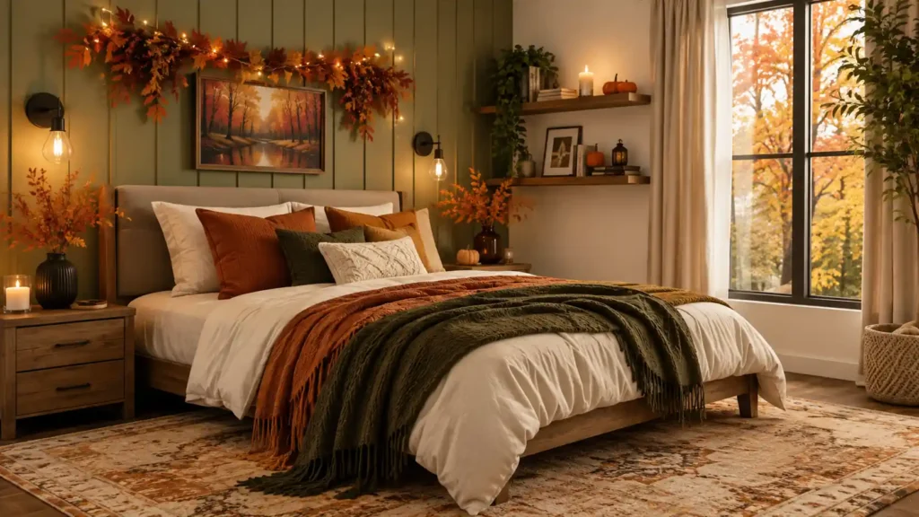 Earthy autumn bedroom with an olive green slatted wall, dense foliage garland with fairy lights, and layered green and rust knit blankets.