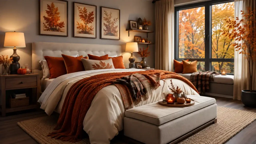 Elegant fall bedroom with three matching framed leaf prints above a tufted headboard, window bench seat, and a large upholstered storage ottoman.