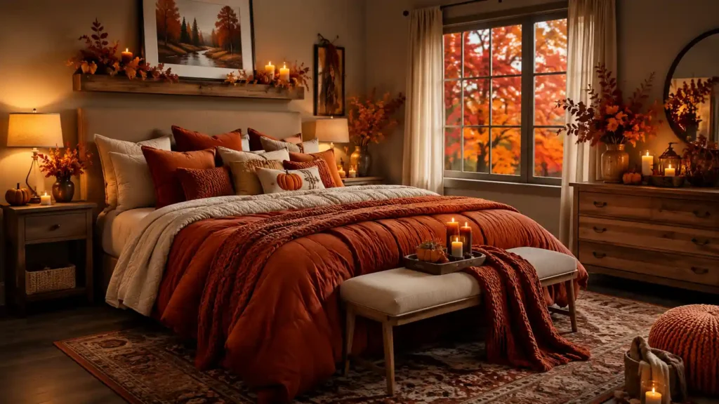 Cozy fall bedroom with deep rust comforter, stacked orange pillows, floating wood shelf with candles and leaf art above the bed, and a large window.