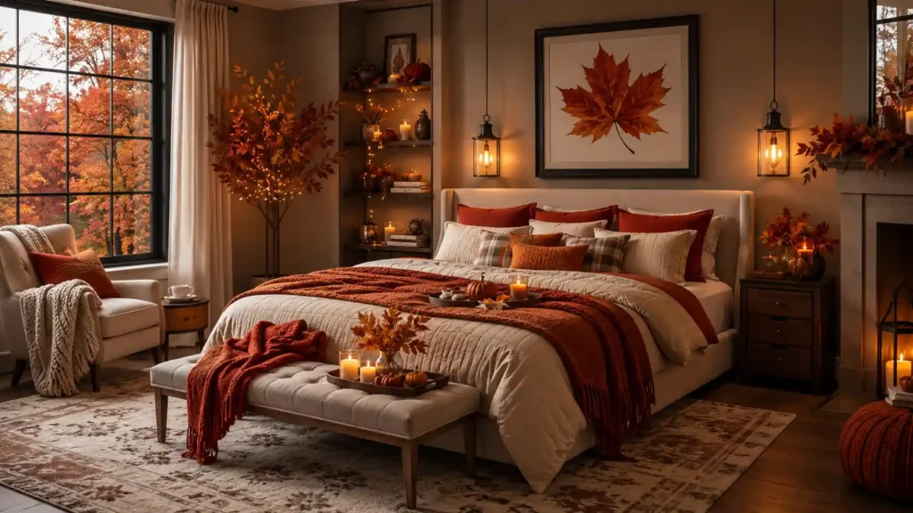 Elegant bedroom featuring hanging glass lantern lights, a large framed maple leaf above the bed, and an illuminated autumn tree in the corner.
