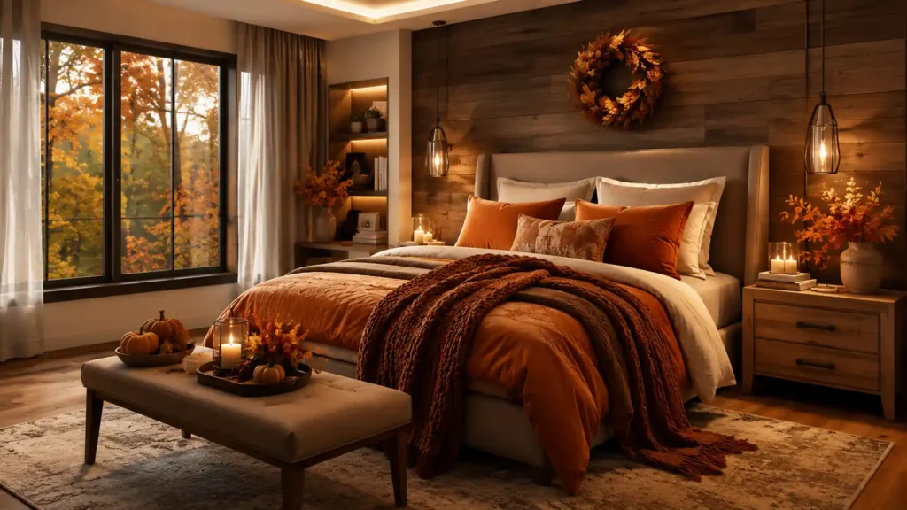 Cozy rustic bedroom with a dark wood plank wall, golden leaf wreath, warm orange bedding layers, and a bench styled with pumpkins.