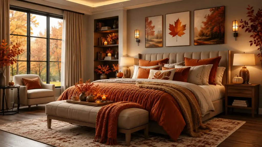 Sophisticated fall bedroom featuring a three-piece leaf art gallery wall, vertical tufted headboard, terracotta quilted bedding, and warm wall sconces.