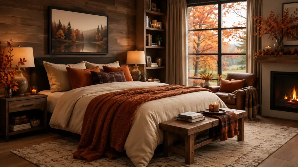 Rustic lodge bedroom with dark wood paneling, lake forest landscape painting, built-in shelving with glowing candles, and a wood burning fireplace.