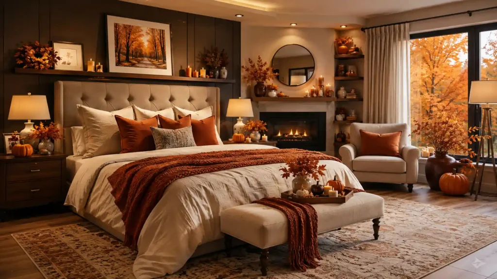 Luxurious fall master bedroom with a tufted headboard, floating display ledge, glowing corner fireplace, armchair, and pumpkin decor displays.