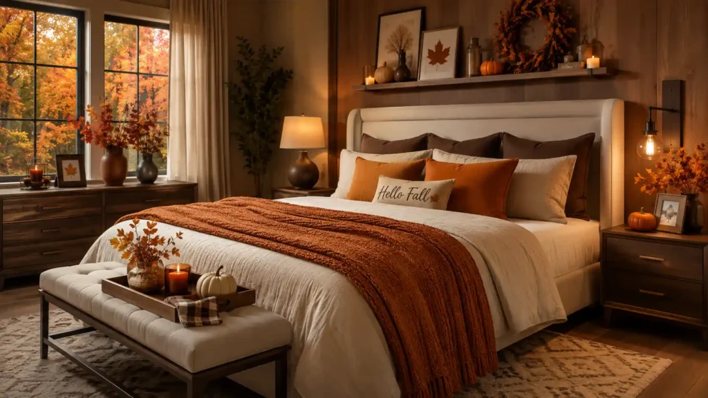 Warm fall bedroom with a "Hello Fall" embroidered lumbar pillow, rust knit throw blanket, dark wood paneling, and an autumn wreath display.