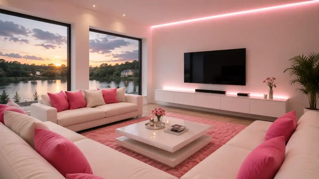 Contemporary waterfront living room featuring soft pink LED perimeter lighting, white sectionals, hot pink accent pillows, and a low white coffee table.