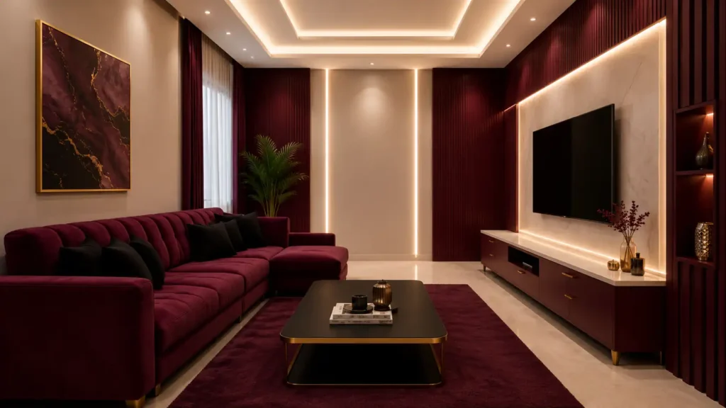 Sophisticated living room with dark wine red tufted velvet sectional, matching vertical fluted wall panels, warm strip lighting, and dark coffee table.