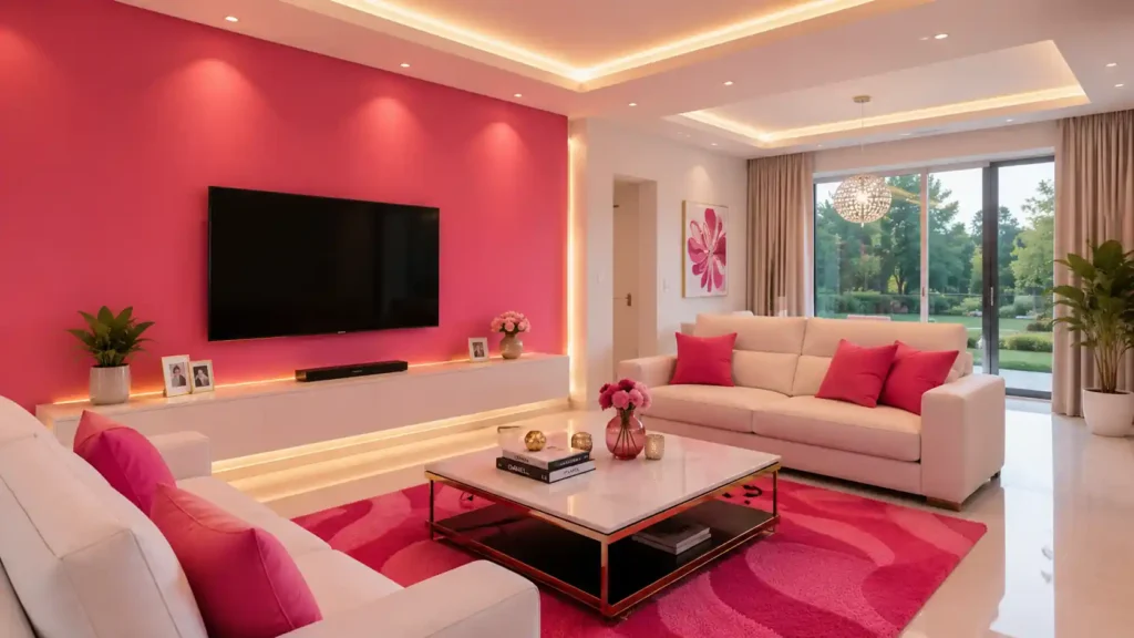Bright living room featuring a vivid magenta TV accent wall with LED backlighting, white leather sofas, magenta rug, and white marble coffee table.