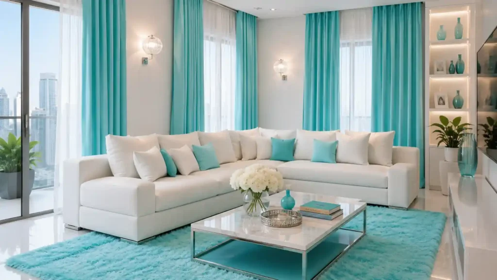 Airy coastal living room with bright turquoise drapes and shag rug, white sectional sofa, crystal wall sconces, and city views.