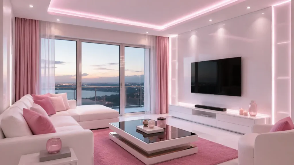 Modern penthouse living room with soft pink ceiling lighting, white L-shaped sectional sofa, pink shag rug, and sweeping twilight water views.