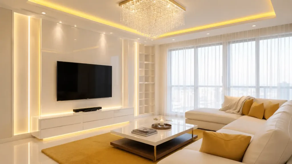 Luxury white living room featuring a warm gold area rug, mustard yellow throw pillows, modern crystal waterfall chandelier, and LED wall features.