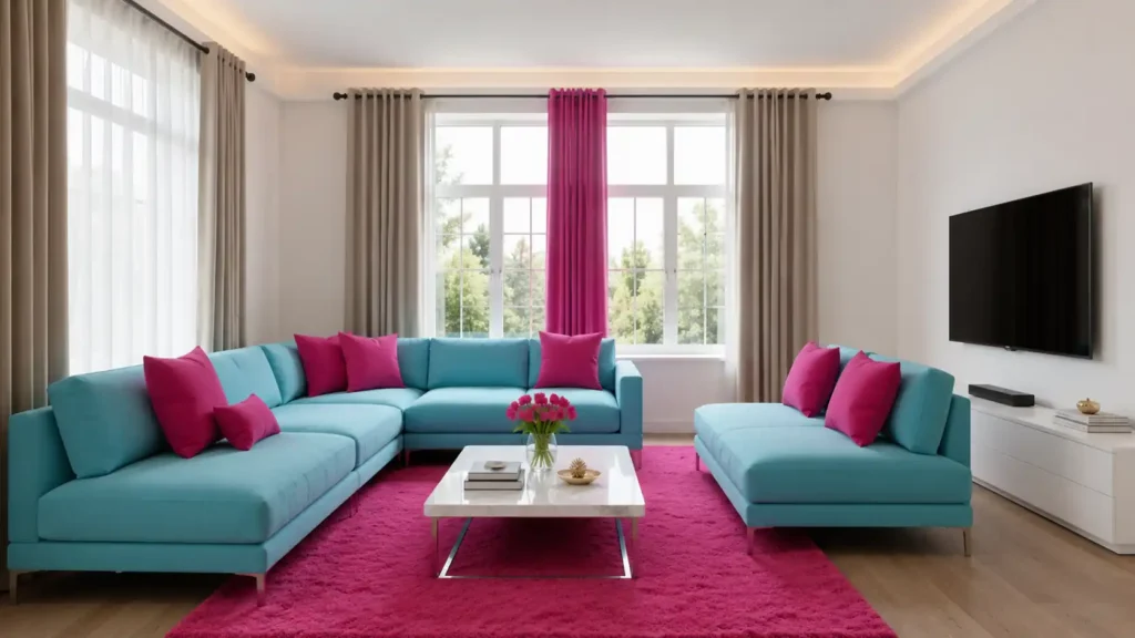Modern vibrant living room with bright electric teal sectionals, hot pink shag rug, matching fuchsia pillows, and neutral window drapes.