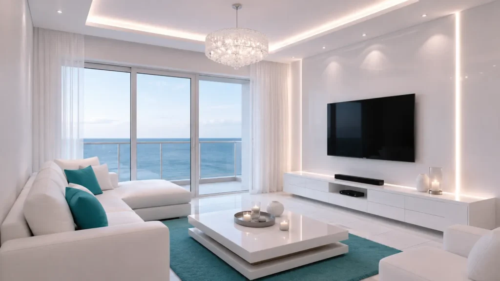 Minimalist oceanfront living room with pure white L-shaped sectional sofa, cyan accent pillows, cyan area rug, and floor-to-ceiling sea view balcony.