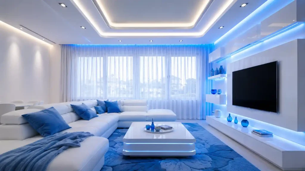 Ultra-modern living room featuring sapphire blue LED backlighting, white sectional couch, textured blue floral rug, and high-gloss entertainment media unit.