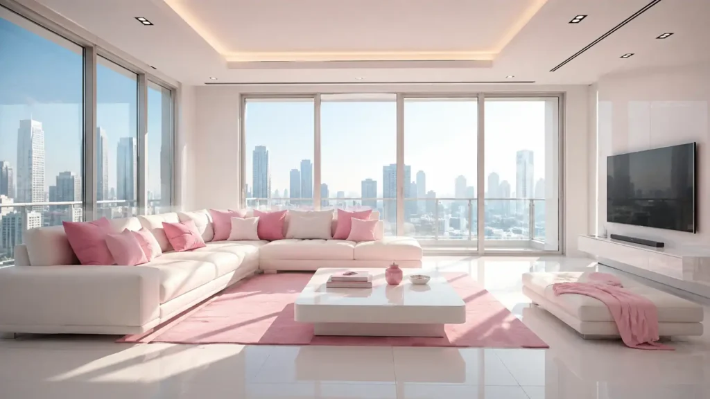 Luxury high-rise living room with panoramic city view, soft pink accent rug, white L-shaped sectional sofa, and blush accent throw pillows.