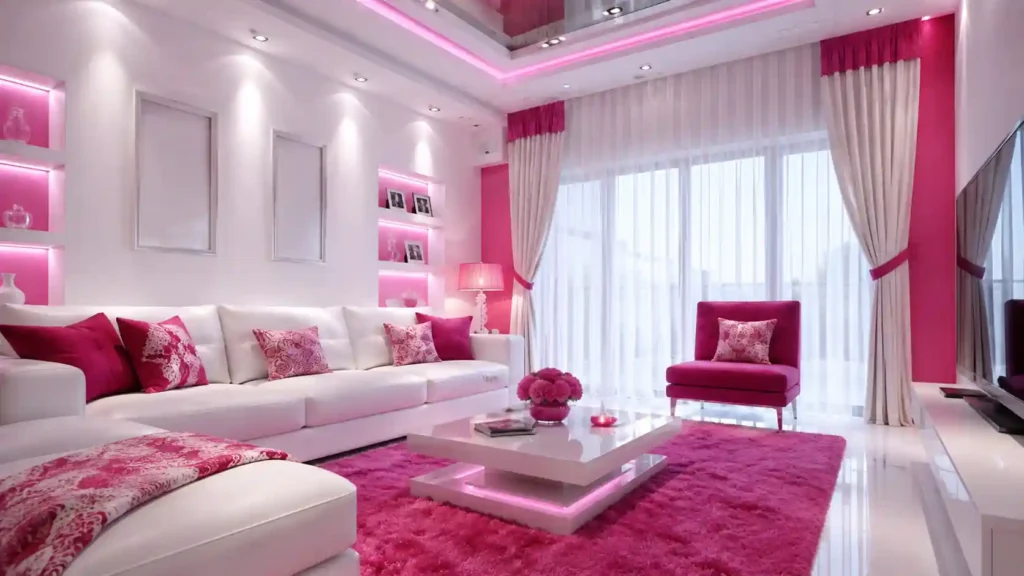 Glamorous white living room featuring bright magenta shag rug, matching drapery, magenta accent chair, pink cove lighting, and display niches.
