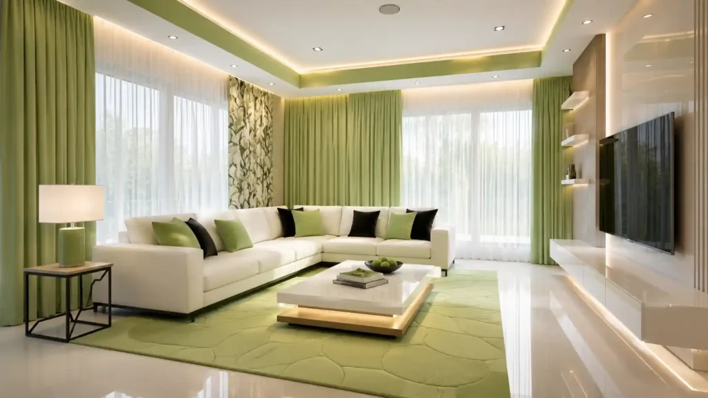 Organic green modern living room with sage green drapes, carved moss green rug, white sectional sofa, and integrated tray ceiling lighting.