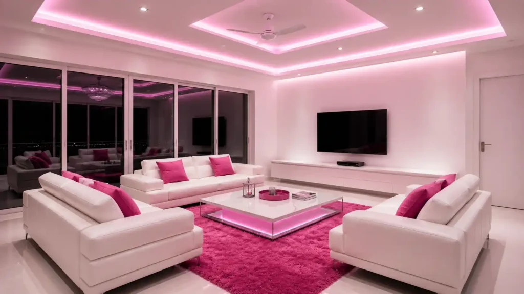 Penthouse living room at night featuring magenta LED ceiling perimeter light, plush pink shag rug, white leather sofas, and glowing coffee table.