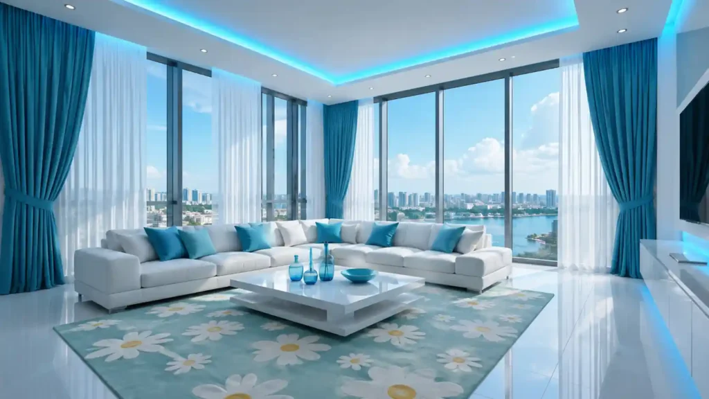 High-rise apartment living room with sky blue drapes, matching blue throw pillows, large blue floral rug, white sectional sofa, and city water views.