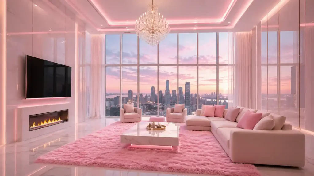  Luxury penthouse living room at sunset with high ceiling, crystal chandelier, pink plush rug, white marble fireplace, and city view windows.