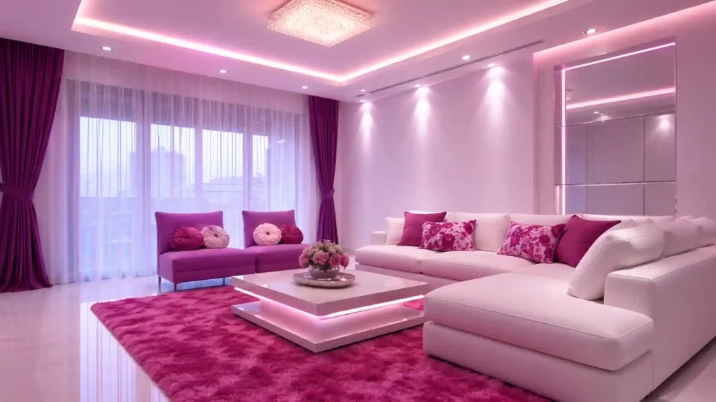 Sophisticated living room featuring rich plum purple drapes, matching plum accent armchairs, white sectional sofa, pink LED cove lights, and high-gloss floor.