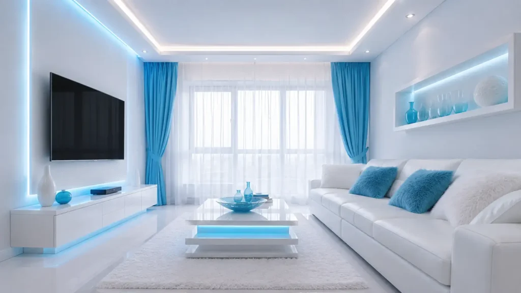 Clean white minimalist living room with ice blue accent drapes, blue fuzzy throw pillows, LED backlighting, white coffee table, and recessed wall shelves.