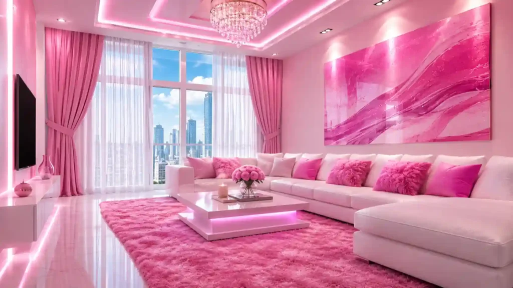 High-rise luxury living room in vibrant pink featuring plush shag rug, white sectional sofa, crystal chandelier, pink drapes, and fluid abstract art wall.