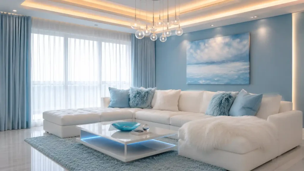 Tranquil light blue living room with soft blue wall art, tufted white sectional couch, glowing under-lit coffee table, and soft blue textured rug.