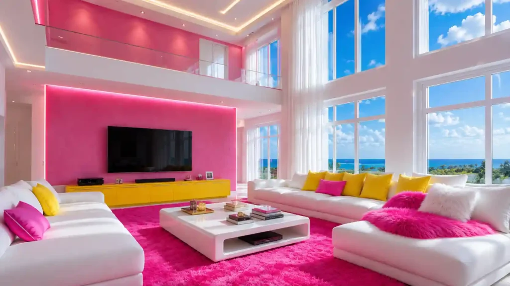 Double-height penthouse living room with hot pink feature wall, canary yellow entertainment console, pink shag rug, white sofas, and ocean view windows.
