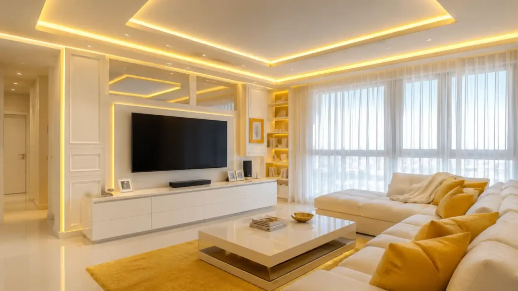 Warm modern living room with yellow accent pillows, amber LED ceiling tray lighting, white sectional couch, gold rug, and illuminated wall unit.