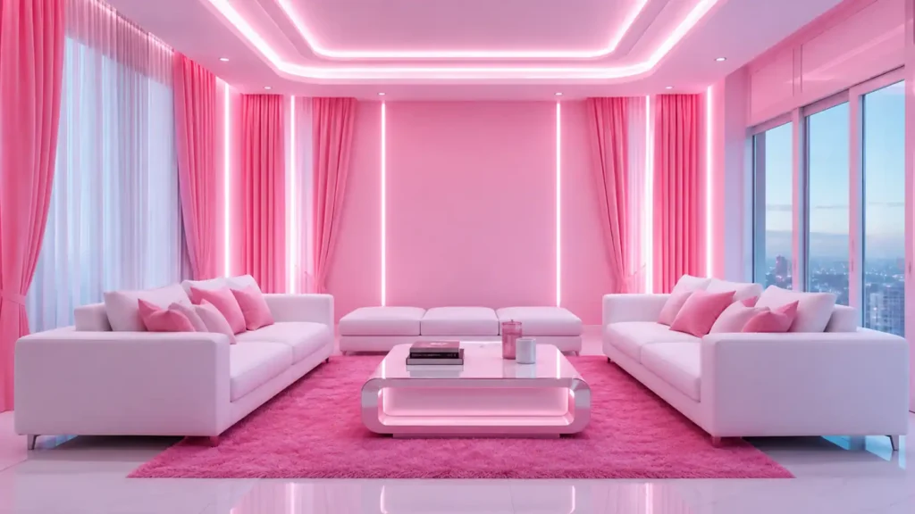 Modern blush pink living room featuring symmetrical white sofas, pink carpet, glowing pink coffee table, and vertical linear wall lighting.