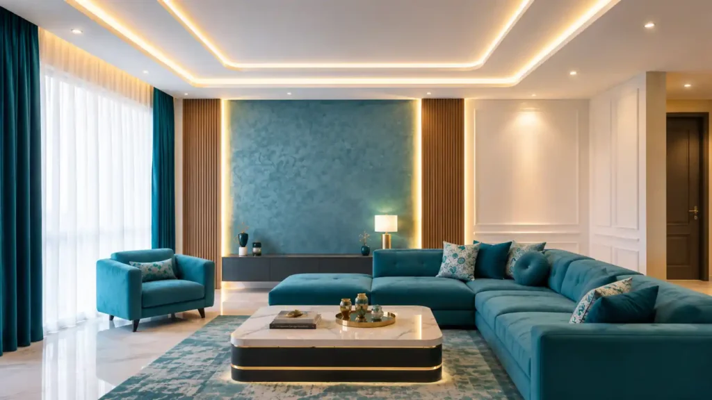 Luxury living room with deep teal sectional sofa, wooden slat wall panels, textured blue plaster feature wall, and illuminated marble coffee table.