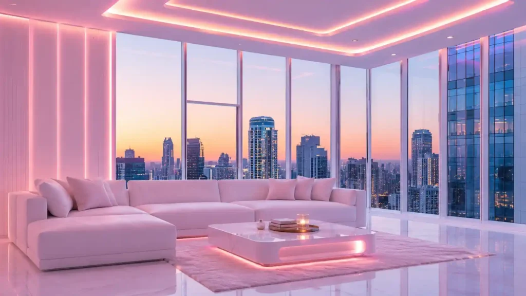 Modern penthouse living room at sunset with soft pink LED ceiling light, white sectional sofa, marble coffee table, and panoramic city window view.