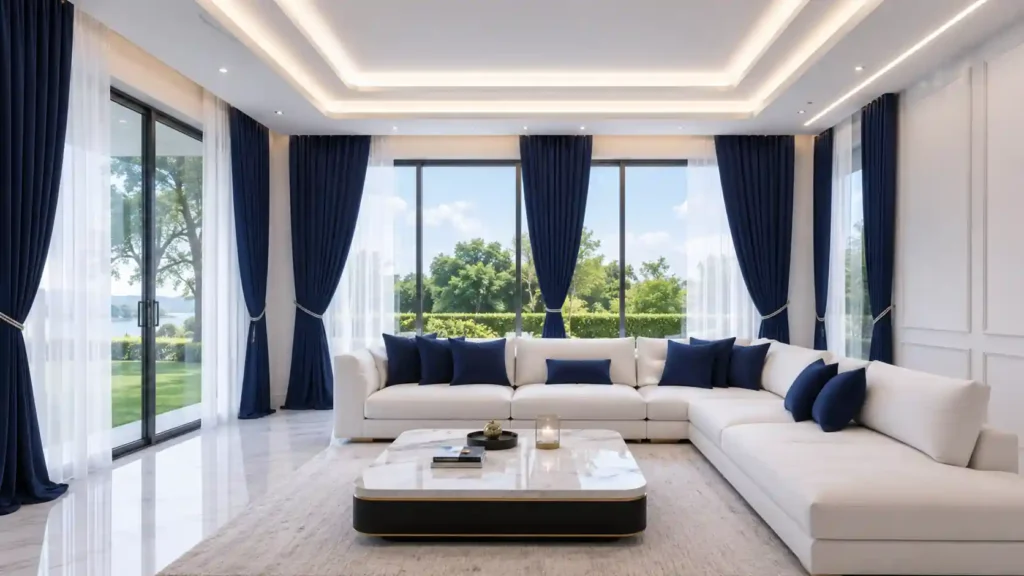 Luxury villa living room with navy blue drapery, matching blue throw pillows, large white sectional couch, tray ceiling lights, and garden views.