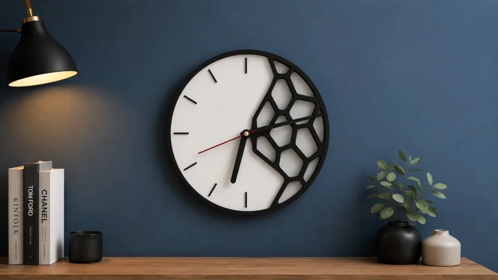 Modern minimalist wall clock featuring a half-white dial and half-black honeycomb lattice cutout against a deep navy blue background wall.