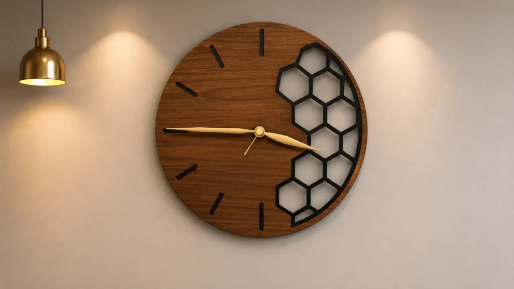 Circular wall clock made of rich walnut wood with a black honeycomb laser-cut section and brass hands under warm wall sconce lighting.