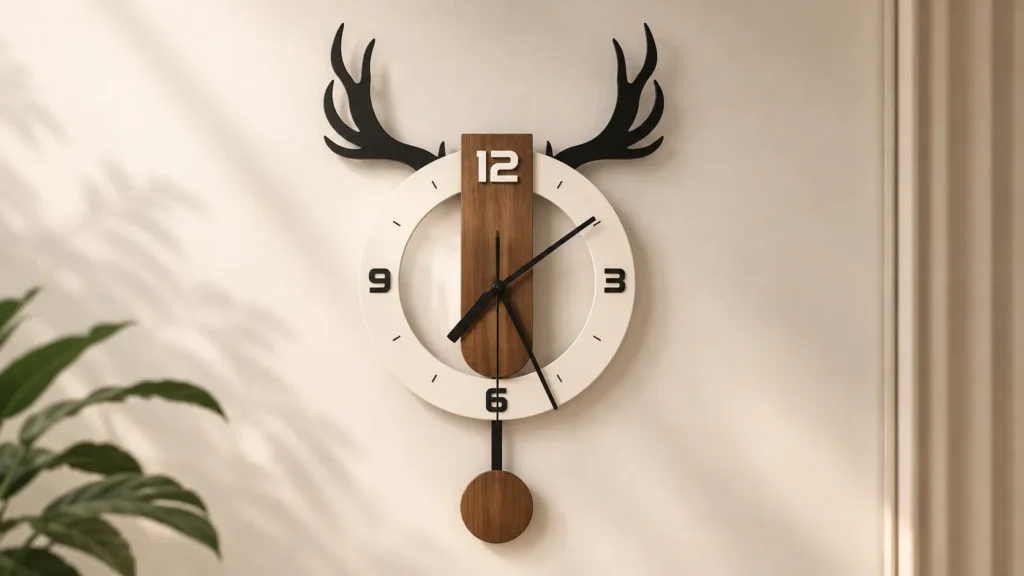 Nordic style white and wood wall clock featuring black deer antlers at the top and a swinging pendulum beneath a cream textured wall.
