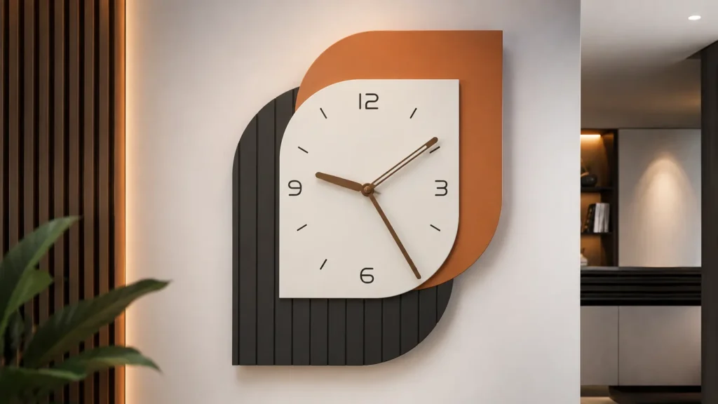 Architectural wall clock featuring layered curved panels in terracotta orange, slatted black, and off-white with warm side ambient lighting.